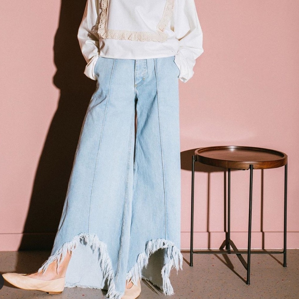 $400 Ksenia Schnaider Street Style Unique Cutout Wide Leg Frayed Jeans NEW - Picture 6 of 11
